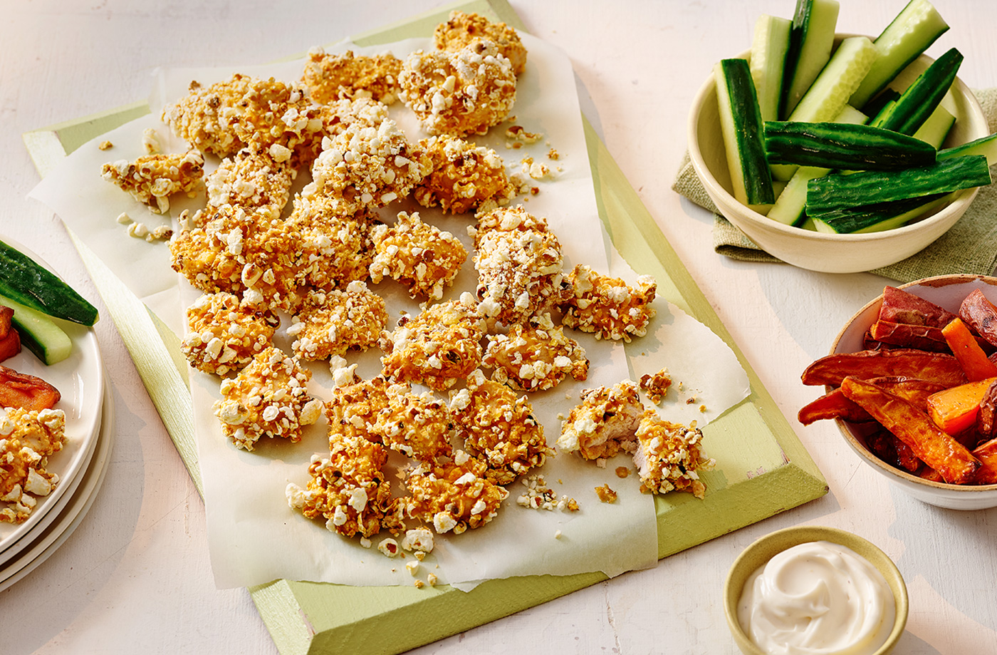Popcorn-crusted chicken nuggets with sweet potato wedges  recipe