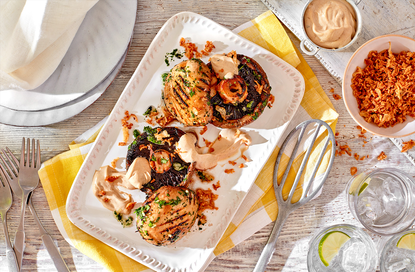Portobello mushrooms with crispy onions and truffle mayo recipe