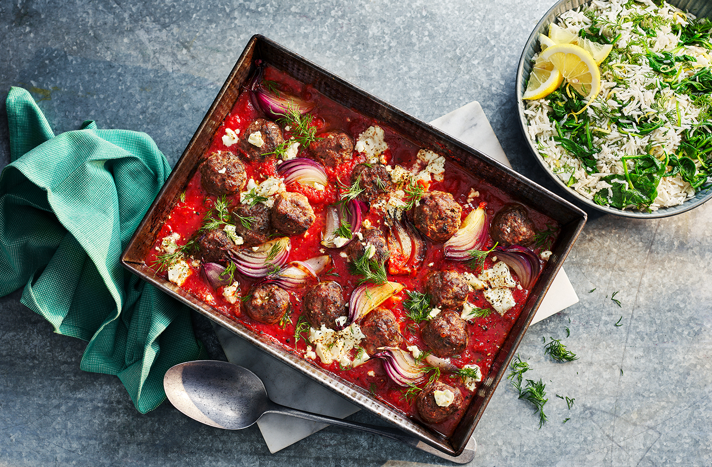 Tomato meatball traybake with lemony spinach rice recipe