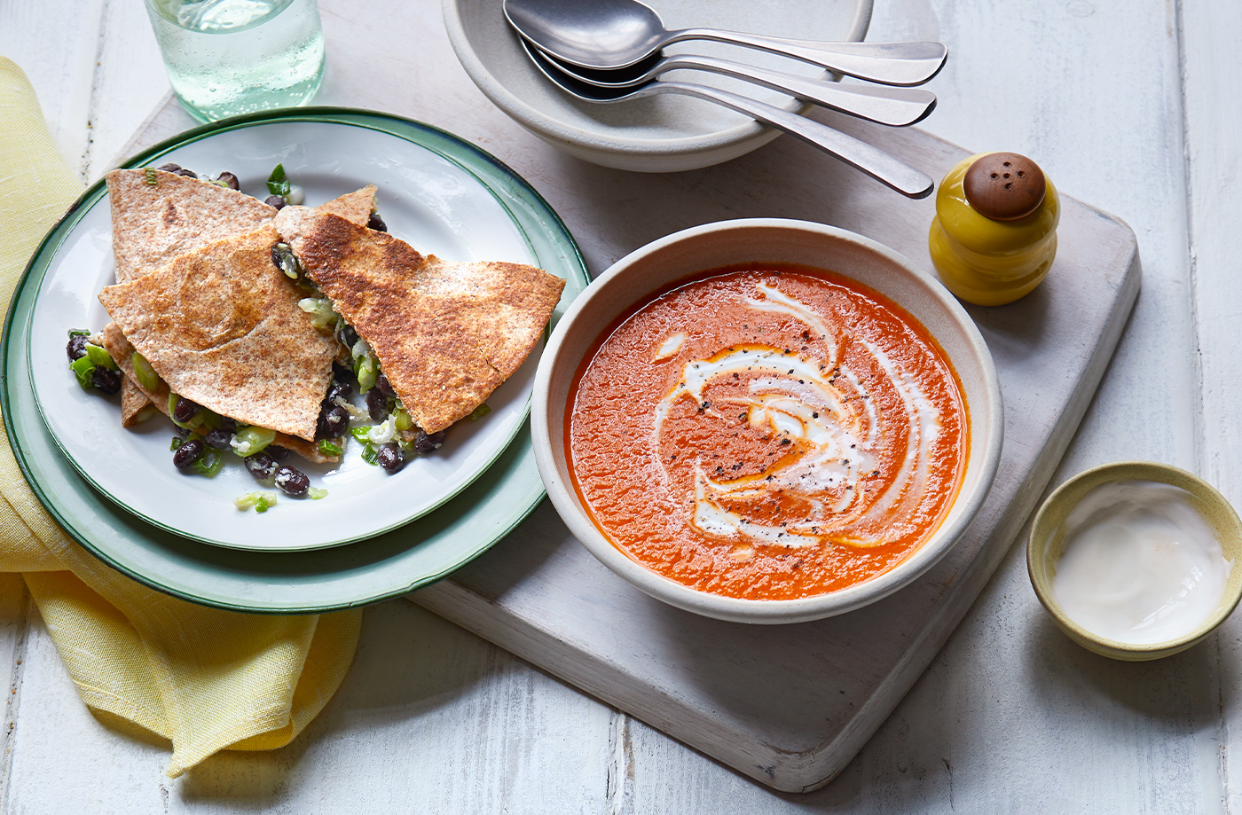 Spiced tomato soup with bean quesadillas recipe