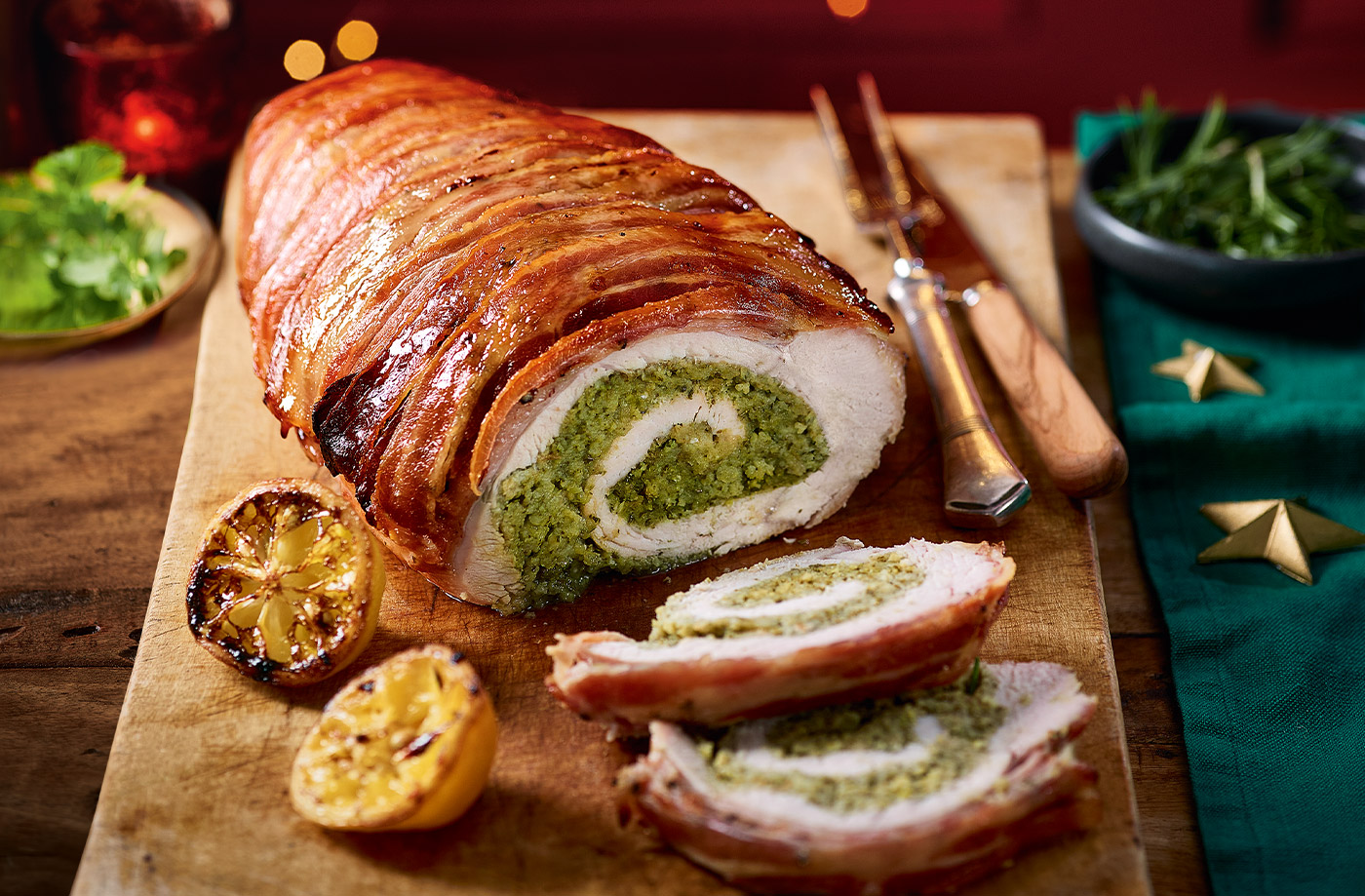 Turkey porchetta with sprout and chestnut pesto recipe