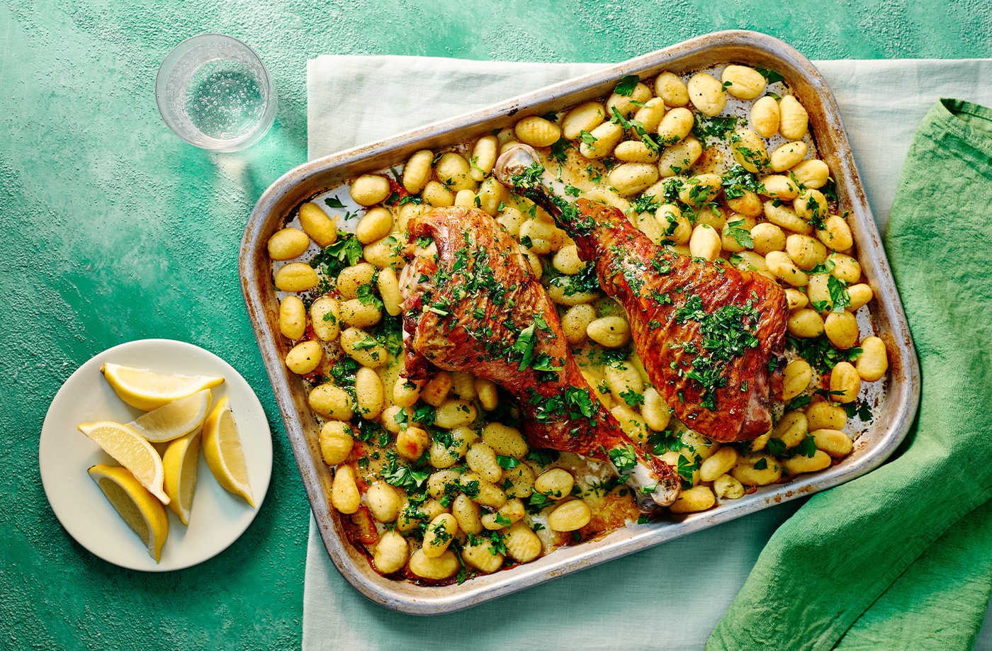 Turkey legs with herby butter and crispy gnocchi recipe