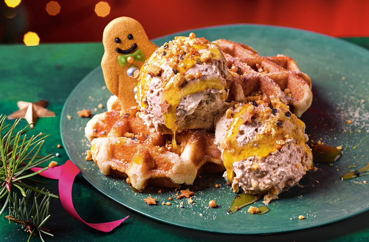 Waffles with no-churn gingerbread latte ice cream recipe
