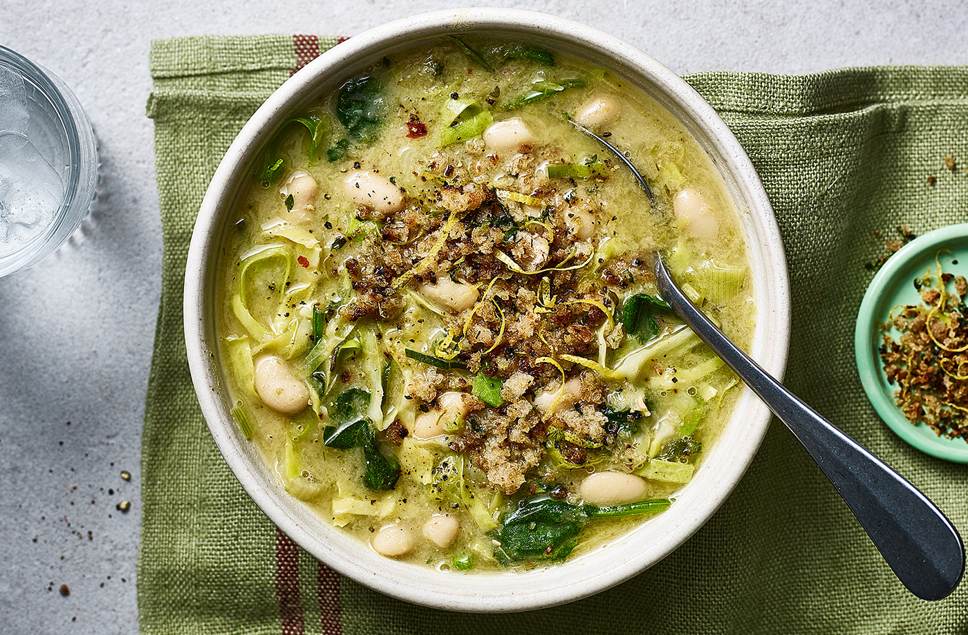 White bean and leek soup with garlic breadcrumbs recipe