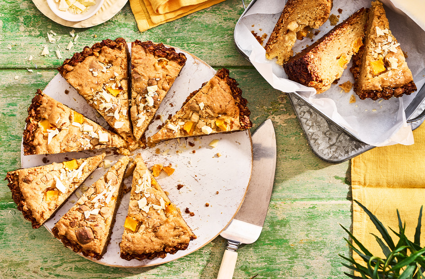 White chocolate and mango flapjack blondie tart recipe