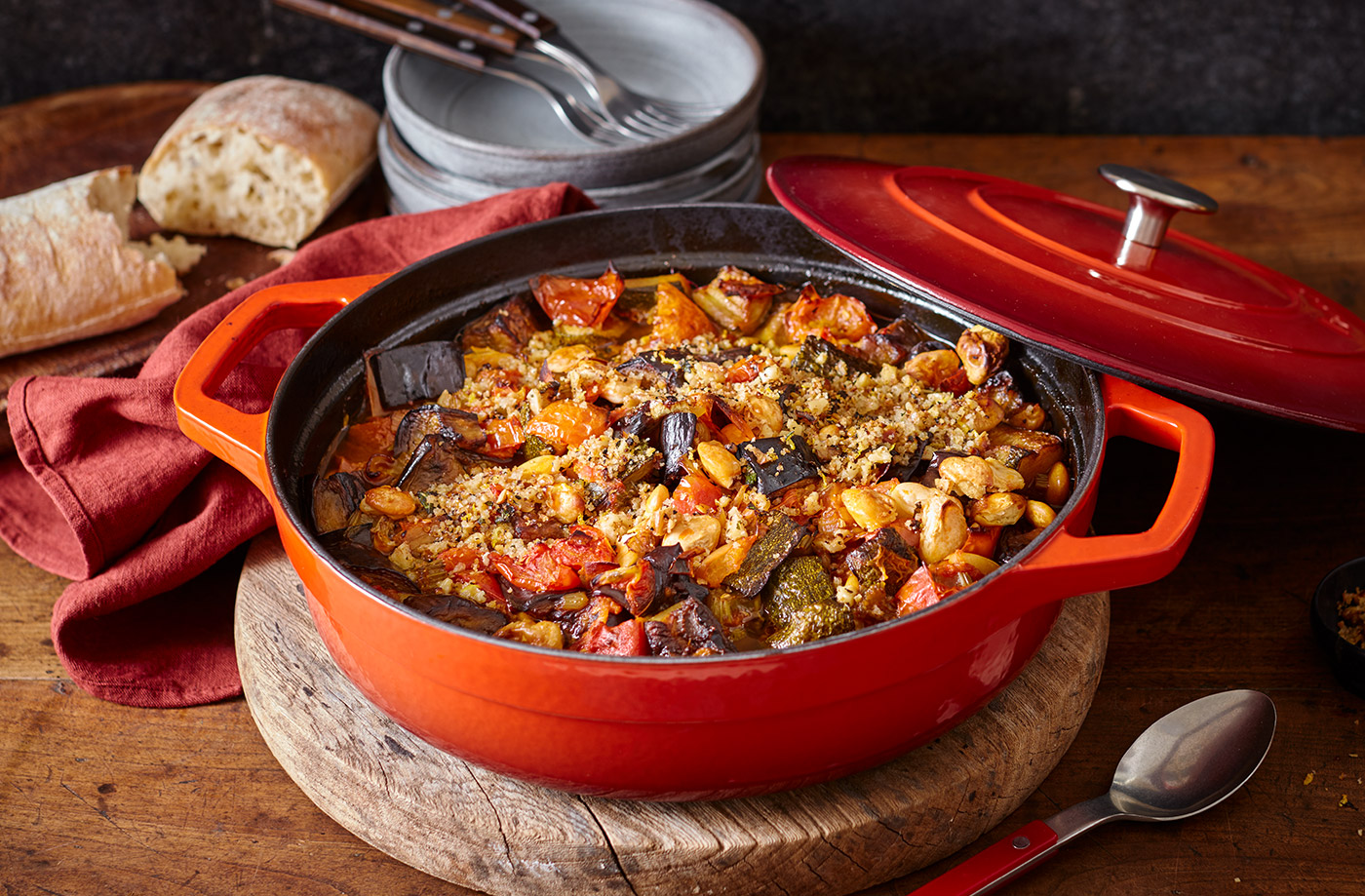 Aubergine and butter bean stew with walnut pangrattato recipe