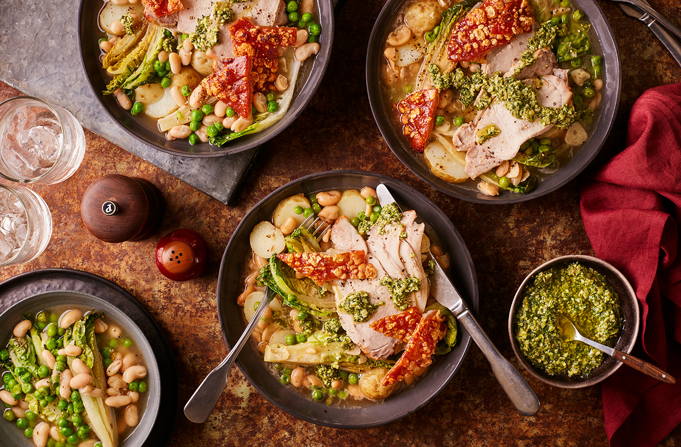 Roast pork with braised lettuce, cannellini beans, new potatoes and almond pesto recipe