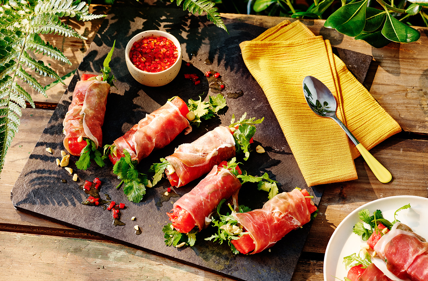 Parma ham, watermelon and peanut summer rolls recipe