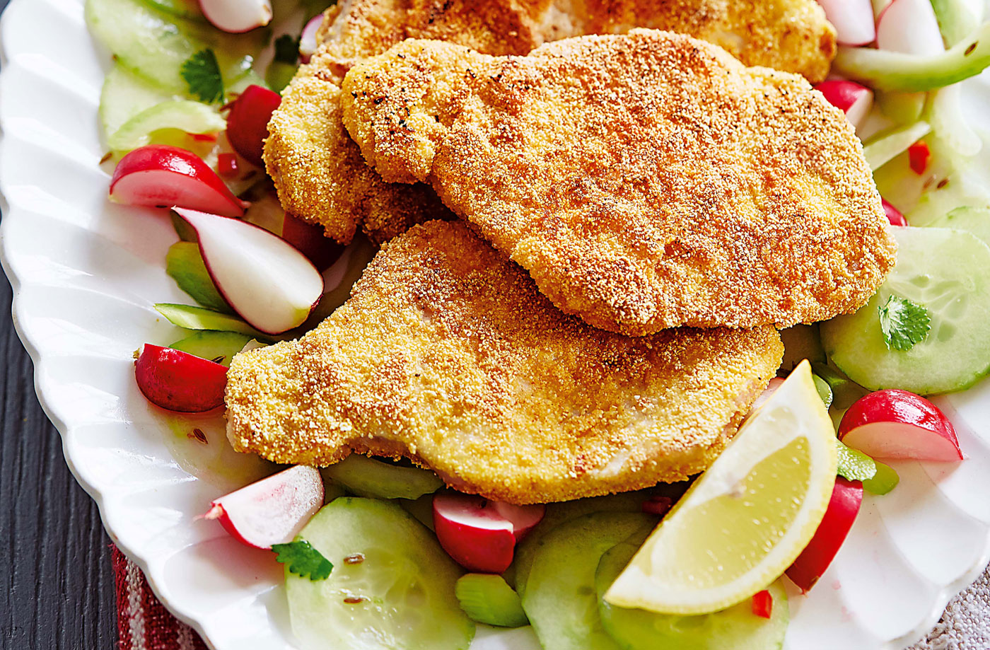 Pork schnitzel with spiced cucumber salad recipe
