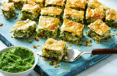 Savoury broccoli baklava served alongside a vibrant pea purée - a light addition to a lunch spread