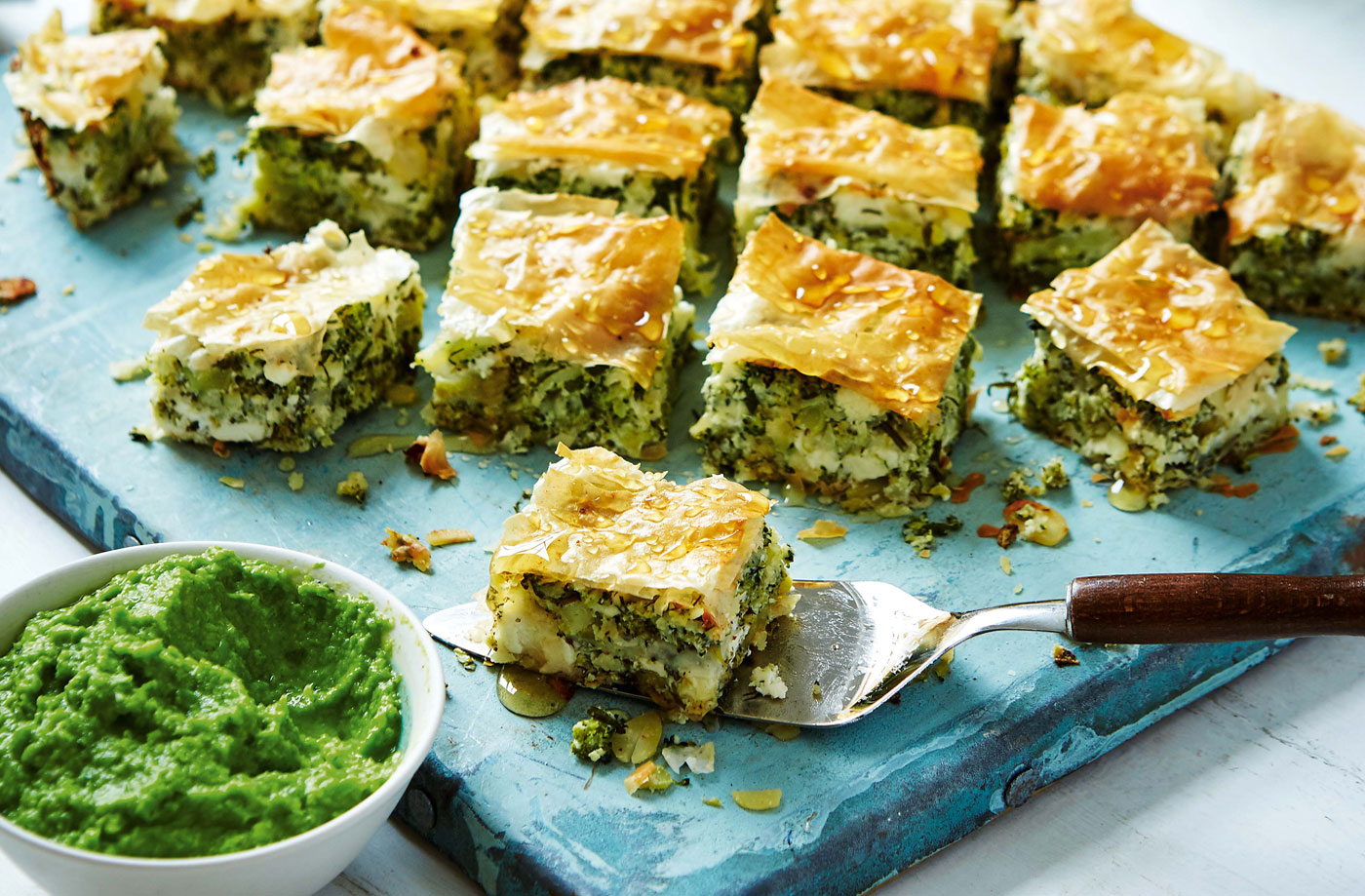 Broccoli, feta and almond baklava with pea purée recipe