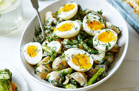Transform your potato salad with asparagus, soft boiled eggs and a creamy buttermilk dressing.