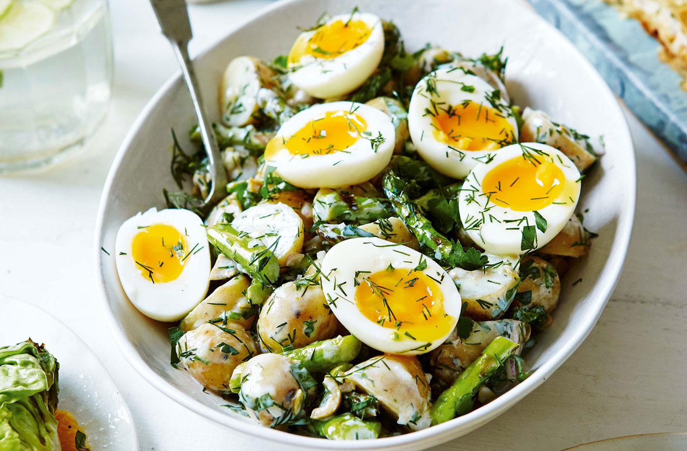 New potato salad with griddled asparagus and soft boiled eggs recipe