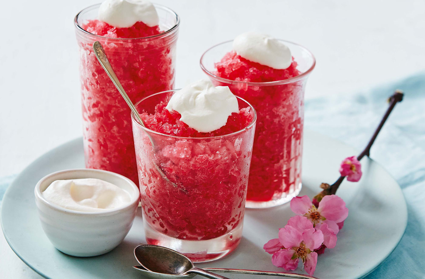Rhubarb, raspberry and stem ginger granita with ginger cream recipe