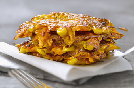 This riff on a classic potato rosti incorporates sweet potato and sweetcorn to add a dessert-like dimension of flavour to the dish. Crisp on the outside and hot and steamy in the middle, these rostis are the very definition of moreish.