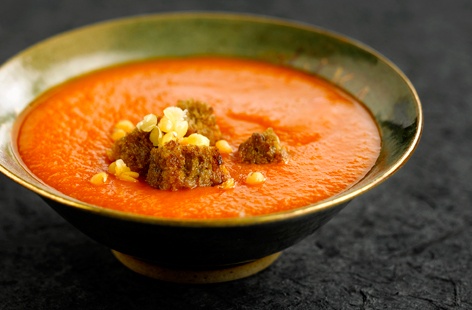 Garlic, cumin and garam masala are key in this substantial, spiced Indian vegetable soup, where sweated onions and lentils are simmered in passata and stock. Top each steaming bowl with homemade rye croutons just before serving for additional texture.