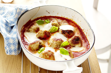 This meatball and mozzarella bake will have you yearning for an imaginary Italian Nonna: Homemade beef meatballs with garlic, parsley and parmesan are browned then simmered in a tomato sauce until ready. Serve four per person with plenty of crusty bread.