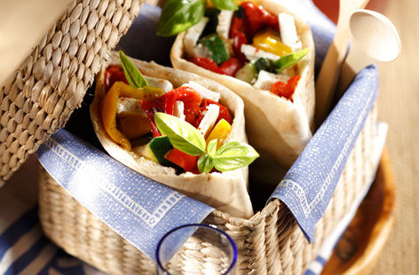 A great packed lunch or picnic idea. Roasting the pepper and courgette adds depth and brings out even more of their delicious flavour. The tangy, slightly salty taste of the feta is the perfect accompaniment.