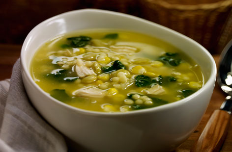 This warming bowl of soup is filled with baby spinach, chicken breast and red lentils