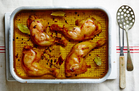 Try these super juicy chicken legs recipe; they’re slowly simmered in olive oil, with garlic and thyme.