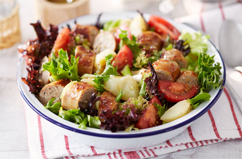 Your little helpers will love whipping up this tasty new potato salad, while you create some tasty sticky sausages on the side