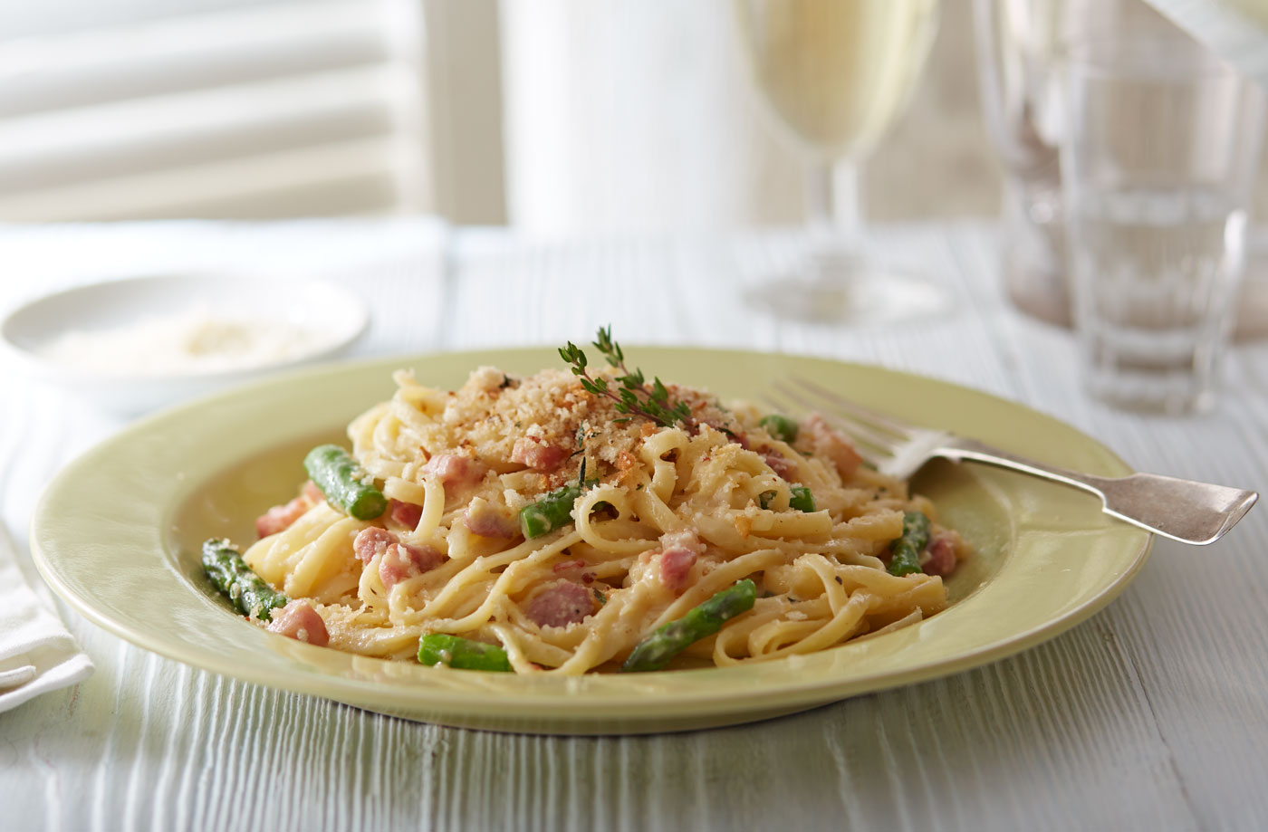 Pancetta and asparagus carbonara with thyme breadcrumbs recipe