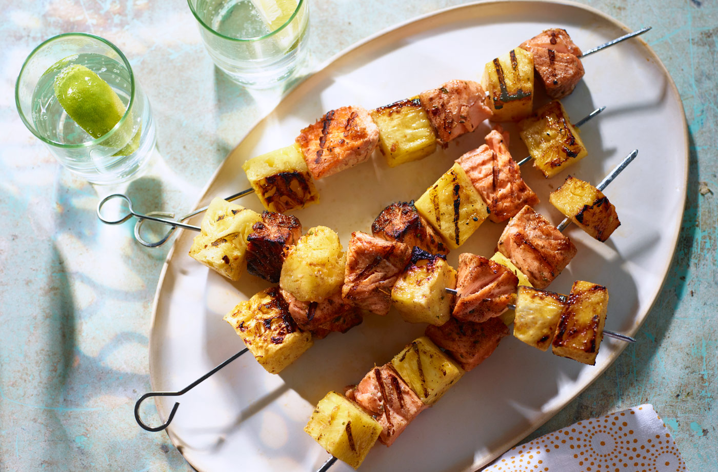 Jerk salmon kebabs