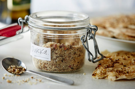 A quick and tasty North African nutty spice mix - dukka can be sprinkled over sauces, soups and salads or on top of warm flatbreads