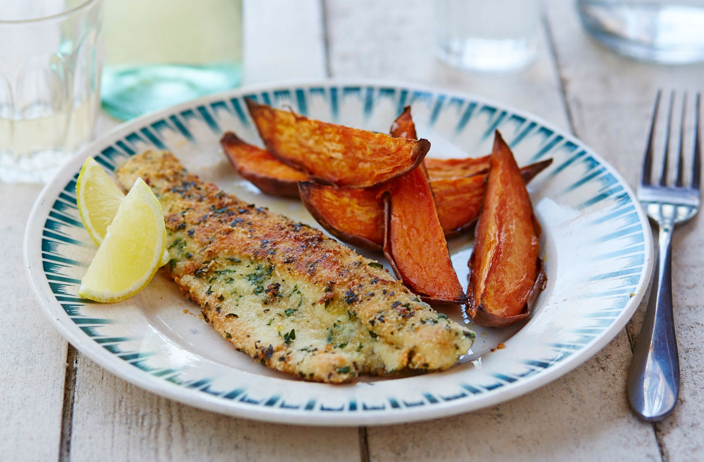 Gluten-free almond crusted fish and sweet potato wedges recipe