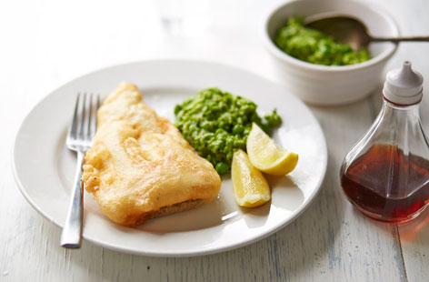 Battered fish and mushy peas have had a healthy makeover! The gluten-free batter is made with sparkling water, like tempura, while the mushy peas are made by combining onion, garlic, mint and lemon zest with peas. Delicious!