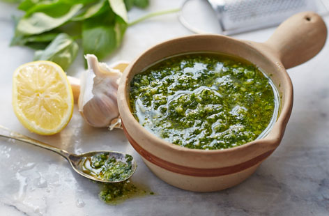 Shop-bought pesto is often a no-go for people with allergies, however, when made at home, can easily be nut-free. Simply basil, olive oil, garlic, and parmesan blended together and seasoned with lemon juice and salt to taste. Stir into pasta or smother over roasted vegetables.
