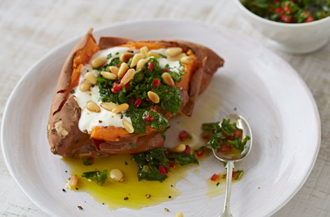 Jazz up a baked sweet potato with Chimchurri, a fiery Argentinian sauce that's similar to pesto