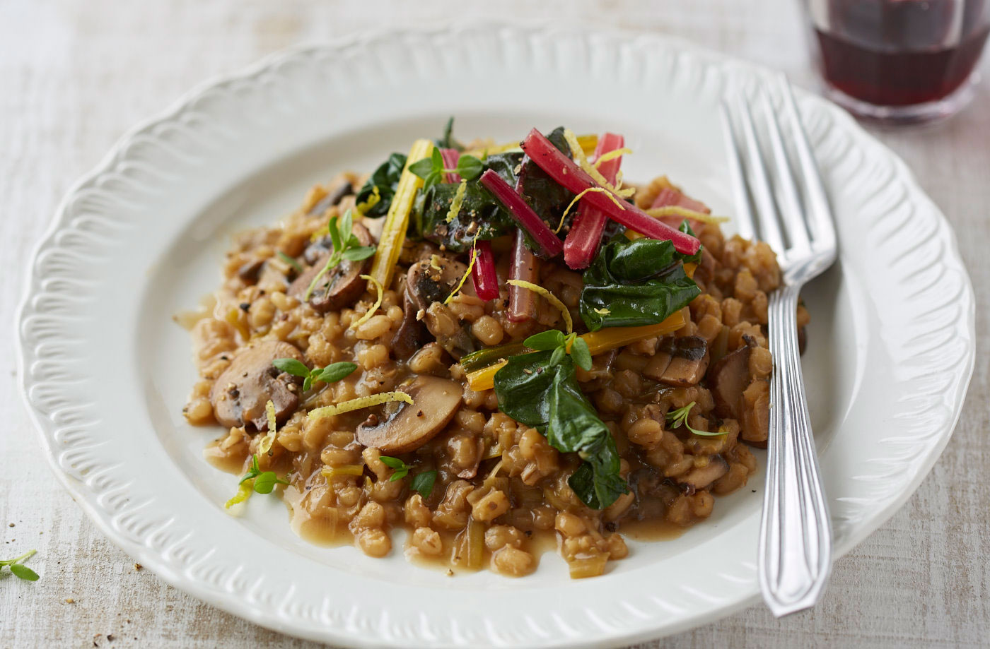 Porcini barley risotto with lemon chard recipe