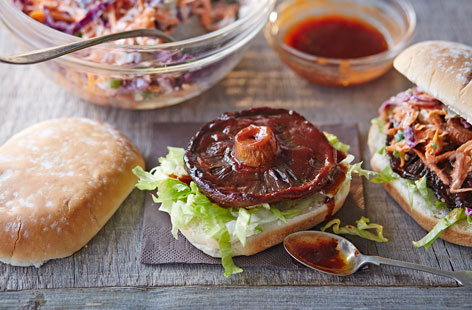 This vegan alternative replaces meat with a large, flat mushroom, marinated in a smoky barbecue sauce