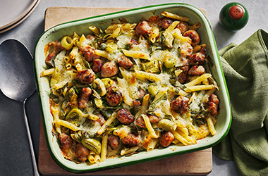 Sausage and greens pasta bake