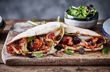 Sausage meatball-melt loaded pittas