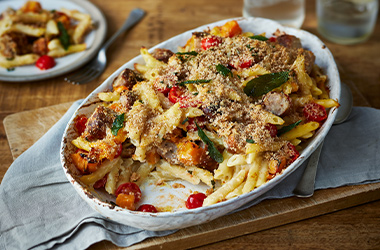Squash, sausage and sage pasta bake