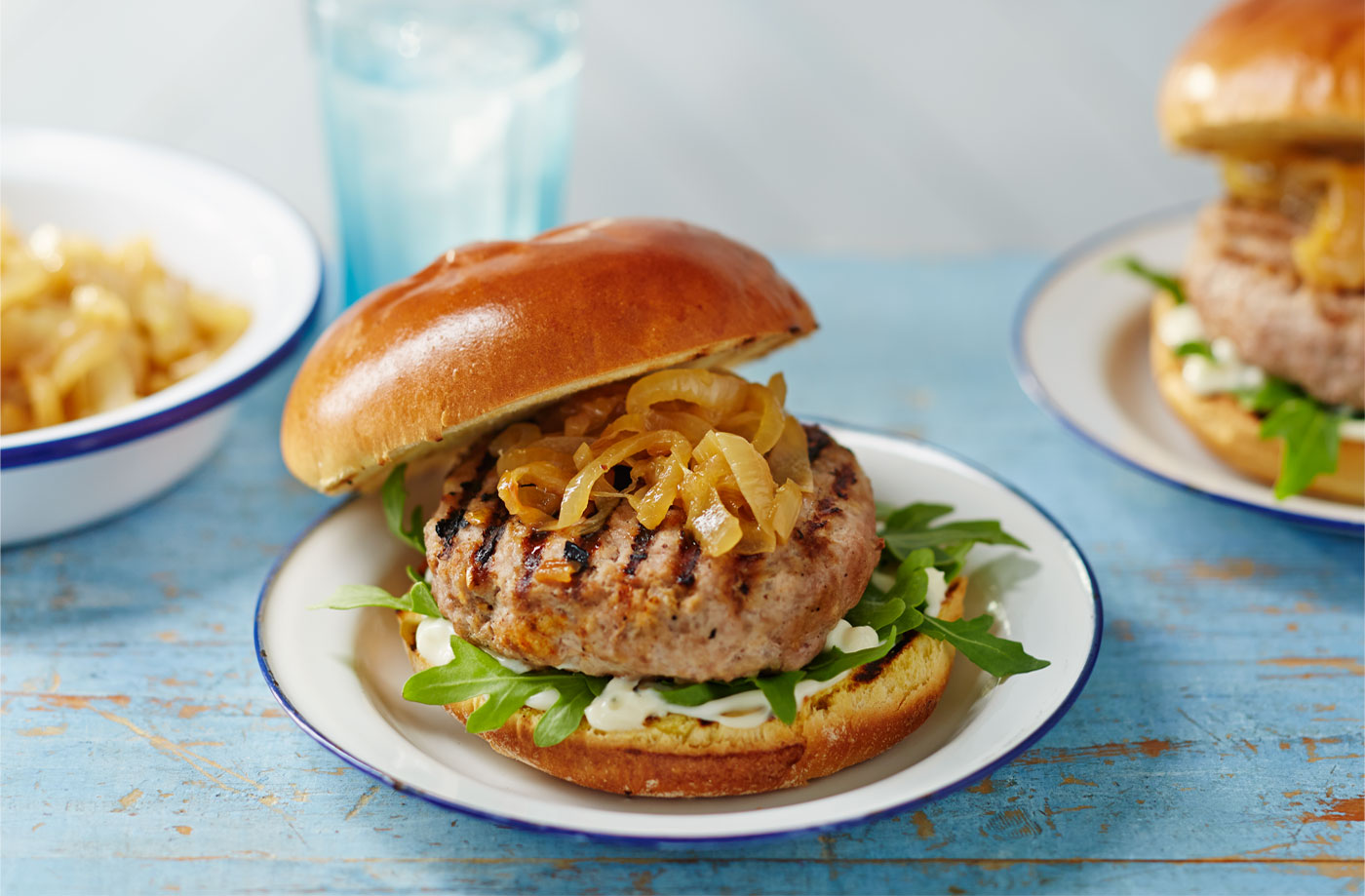 Pear and pork burger with sticky onions recipe