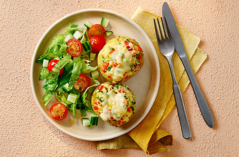 Give jacket potatoes a pop of colour with rainbow veggies and a sprinkling of cheese. They make a great lunch for the kids and are ready in under 30 minutes.