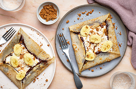 Liven things up for Pancake Day with these seriously sweet s'mores galettes. Stuffed with marshmallows, banana, dark chocolate and crumbled Biscoff biscuits, they're bound to be a hit!