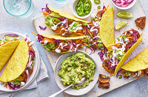 Crisp taco shells packed with rich, smoky chipotle mushrooms, crunchy coleslaw and creamy avocado, finished with some punchy pickled red onions and a drizzle of mayo. This more-ish mushroom recipe is sure to be a hit!