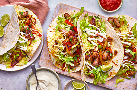 This tasty twist on traditional fajitas uses juicy chipolatas, which are quick and easy to cook. With all the classic spicy and zesty flavours of fajitas plus your favourite toppings, this is a winning dinner for any night of the week. 