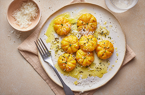 Make your very own gnocchi using roasted butternut squash, then shape them into cute mini pumpkins! Kids will love this as a 'spooky' Halloween dinnertime twist. We've served ours in rosemary butter, but you could use whatever sauce you fancy.