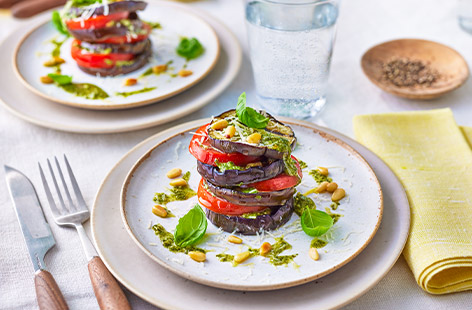 Ready in just 15 minutes, this make-ahead vegetarian starter is a light but flavourful combination of fresh Italian ingredients, including smokey aubergine, fresh tomato and vibrant pesto