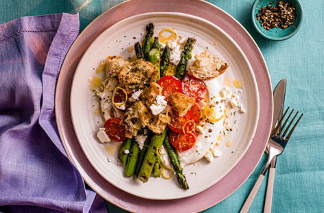 This seasonal salad is a great make-ahead starter for your Easter lunch. Serve your asparagus over whipped feta, then add homemade croutons for extra crunch. 