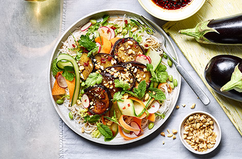 Versatile aubergine takes centre stage in this Vietnamese vegan wonder, full of crunchy veg ribbons and covered with sticky soy glaze
