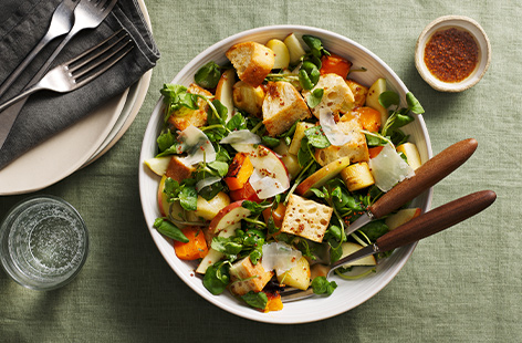 Leftover roasted root veg and crunchy seasonal apples make up this Italian-style salad, using toasted ciabatta to crisp the dish up to perfection