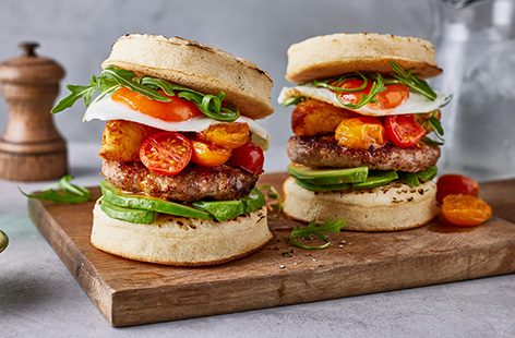 All your breakfast favourites, sandwiched between two toasted crumpets. This burger is quick and easy to put together and makes an excellent breakfast stack.