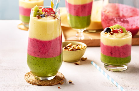 Make mornings more fun with a DIY smoothie bar. Prepare each of the smoothies below by blitzing them up until smooth, then serve each drink in a separate jug so everyone can pour their own combination and create colourful layers. 