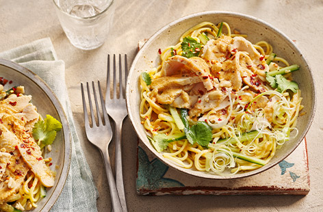 This chicken noodle salad is great for warm evenings. Make your own bang bang sauce with peanut butter, ginger and soy sauce, and stir into egg noodles. Top with extra chilli flakes if you can handle the heat.